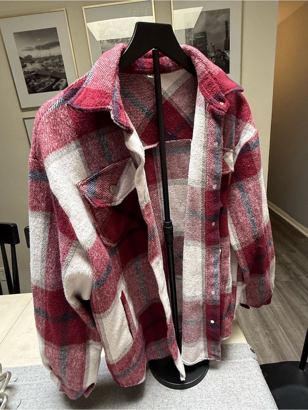 Red Plaid Shacket Jacket - Casual Button-Up Coat